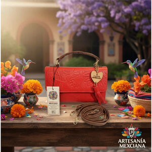 Apple Red Sunflower Embossed Tooled Artisan LEATHER Crossbody Handbag Purse